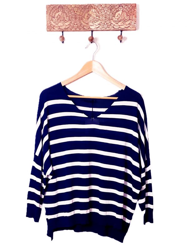 Jersey fino de manga tres cuartos azul marino de raya blanca