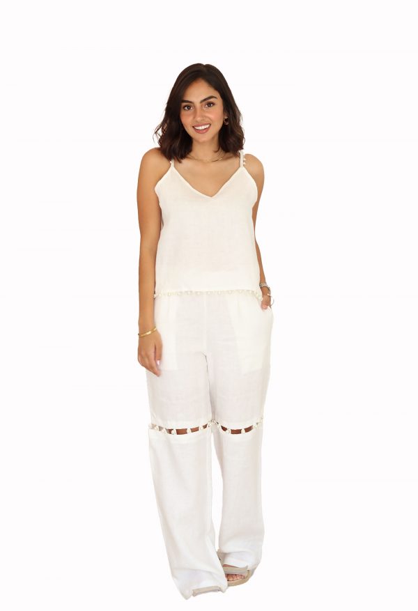 Pantalón recto con opción de bermuda y botones perlas